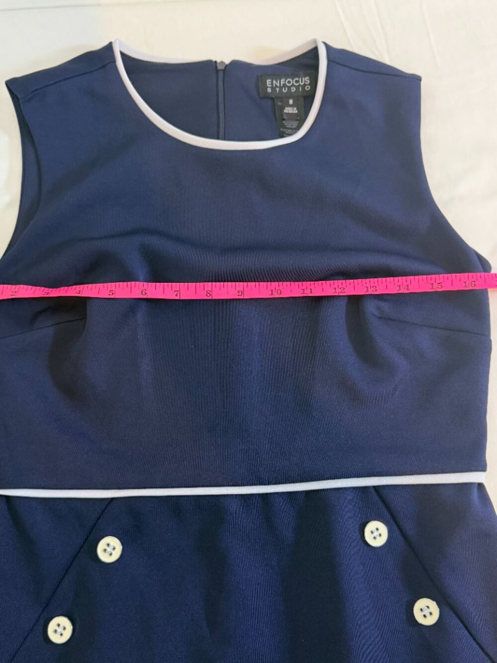 Enfocus Studio Navy Sheath Dress White Trim Nautical Button Detail Size 8 - Picture 6 of 7